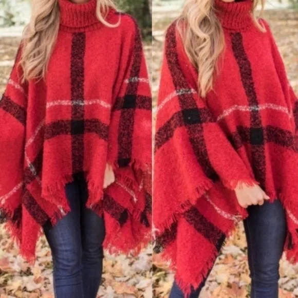 040 Cozy Turtleneck Plaid Frayed Hem Poncho - Picture 5 of 16